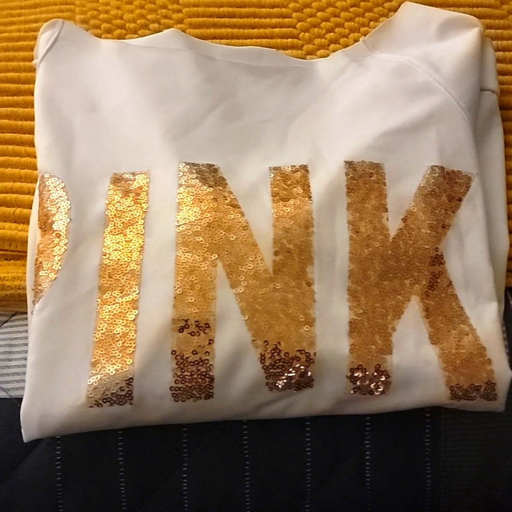 NWOT White Sweatshirt with Gold Glitter PINK Lettering - Picture 2 of 4